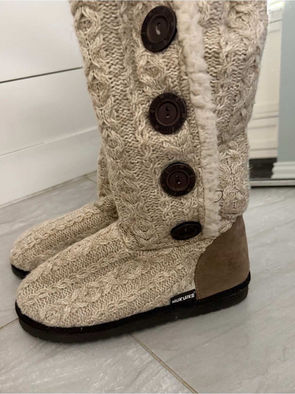 Muk Luks Cable Knit Button-Accent Tall Boots in Cream and Brown